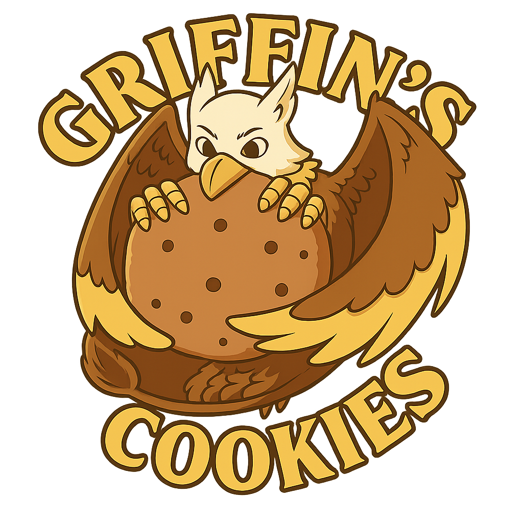 website_logo Griffin's Cookies logo: a griffin holding a chocolate chip cookie